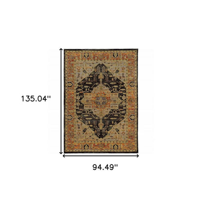 8' X 11' Black and Gold Oriental Power Loom Area Rug