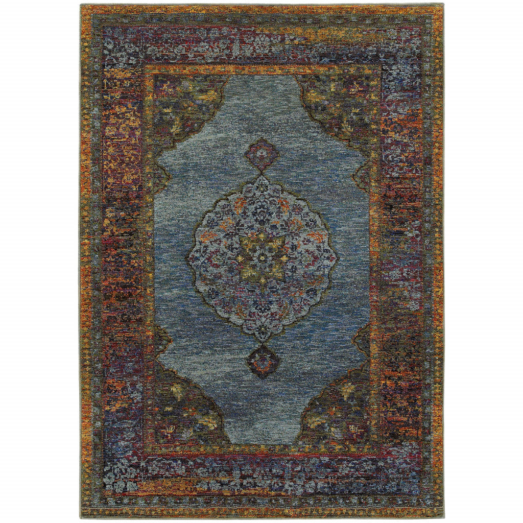 10' X 13' Blue and Beige Oriental Power Loom Area Rug