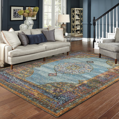 10' X 13' Blue and Beige Oriental Power Loom Area Rug