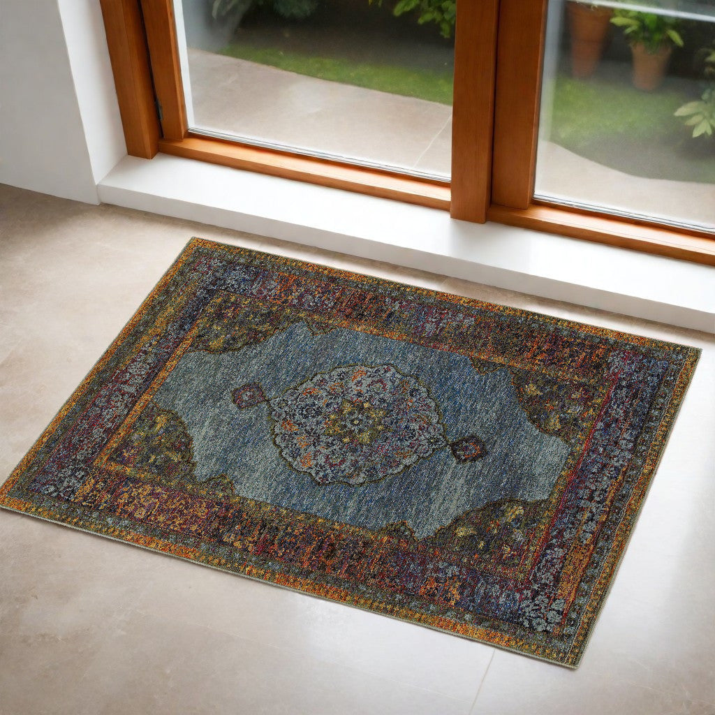 2' X 3' Blue and Beige Oriental Power Loom Area Rug