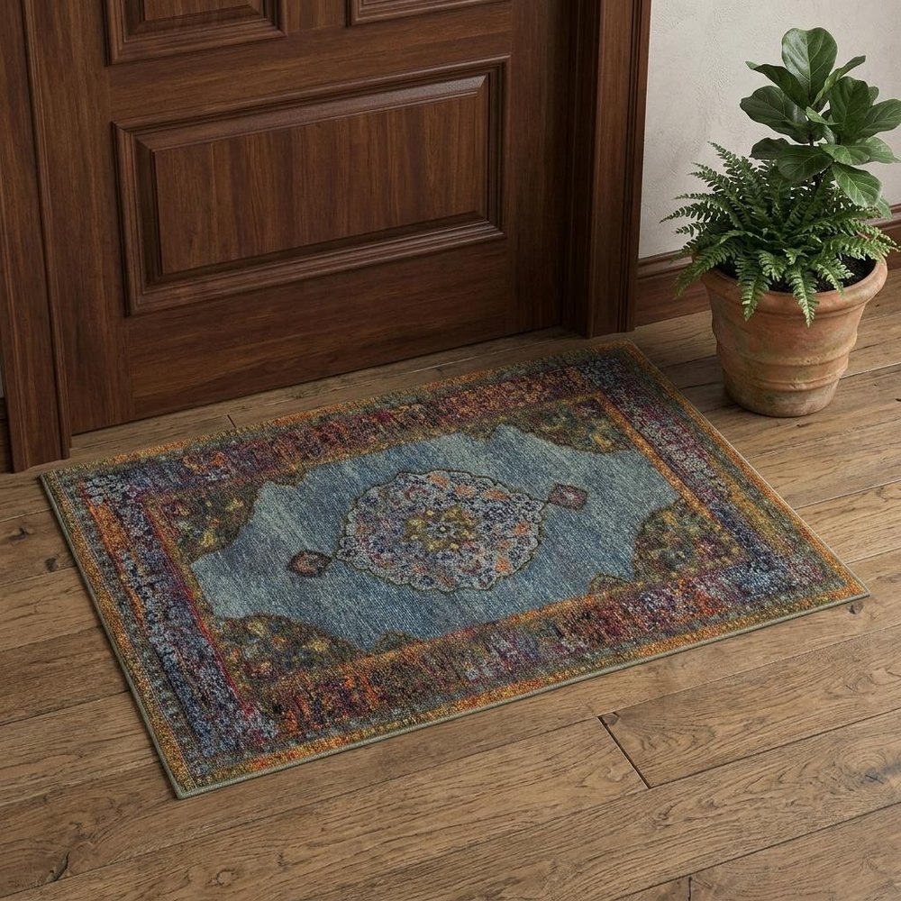 2' X 3' Blue And Beige Oriental Area Rug