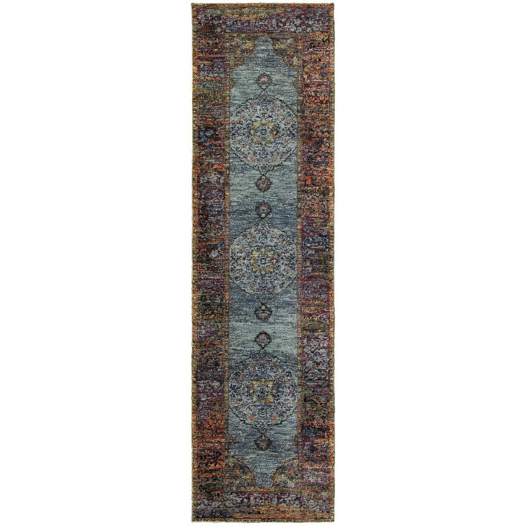 8' Runner Blue and Beige Oriental Power Loom Runner Rug