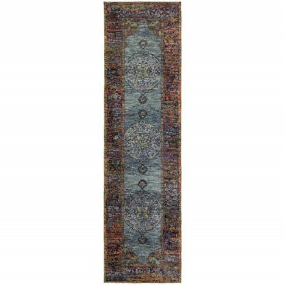 8' Runner Blue and Beige Oriental Power Loom Runner Rug