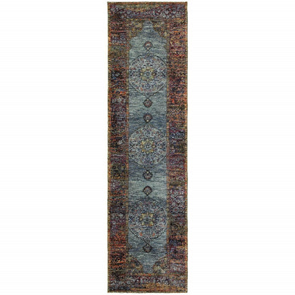 8' Blue And Beige Oriental Runner Rug
