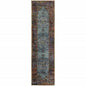 8' Blue And Beige Oriental Runner Rug