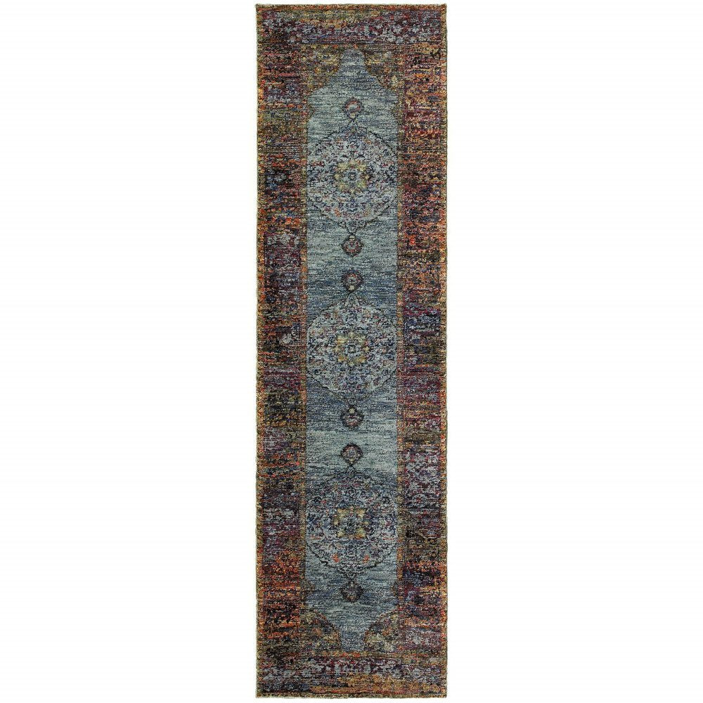 8' Blue And Beige Oriental Runner Rug