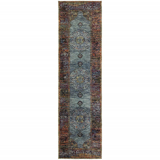 8' Blue And Beige Oriental Runner Rug