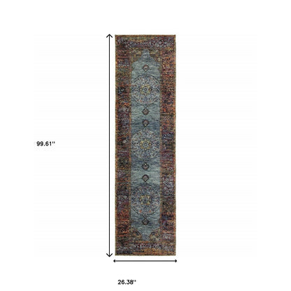 8' Runner Blue and Beige Oriental Power Loom Runner Rug