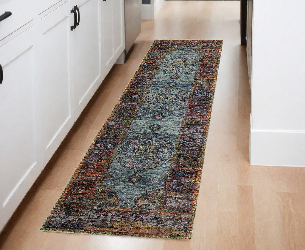 8' Runner Blue and Beige Oriental Power Loom Runner Rug