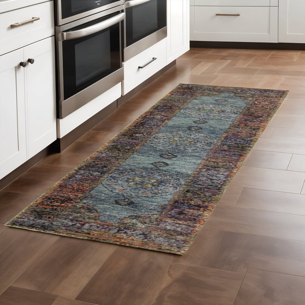 8' Blue And Beige Oriental Runner Rug
