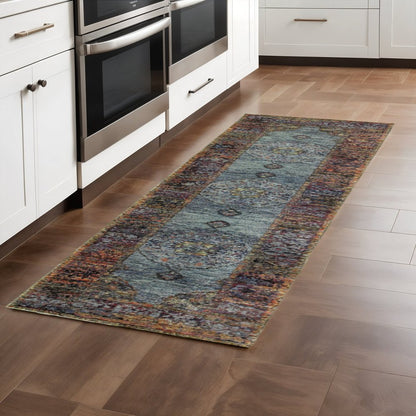 8' Blue And Beige Oriental Runner Rug