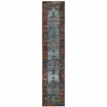 12' Runner Blue and Red Oriental Power Loom Runner Rug