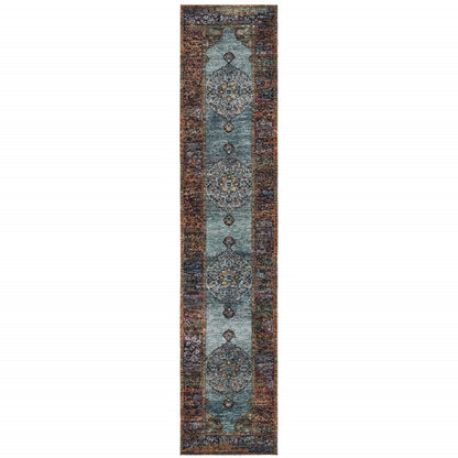 12' Blue And Red Oriental Runner Rug
