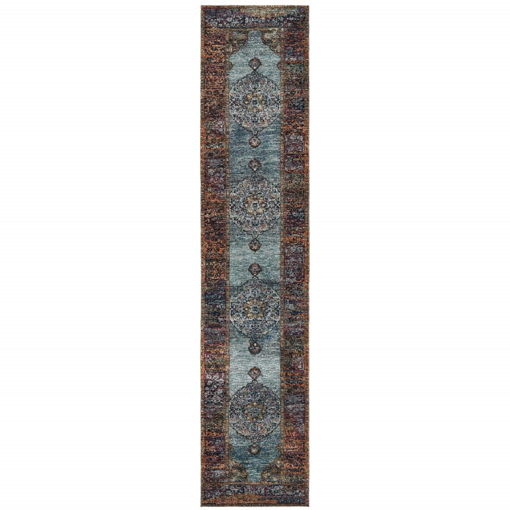 12' Blue And Red Oriental Runner Rug