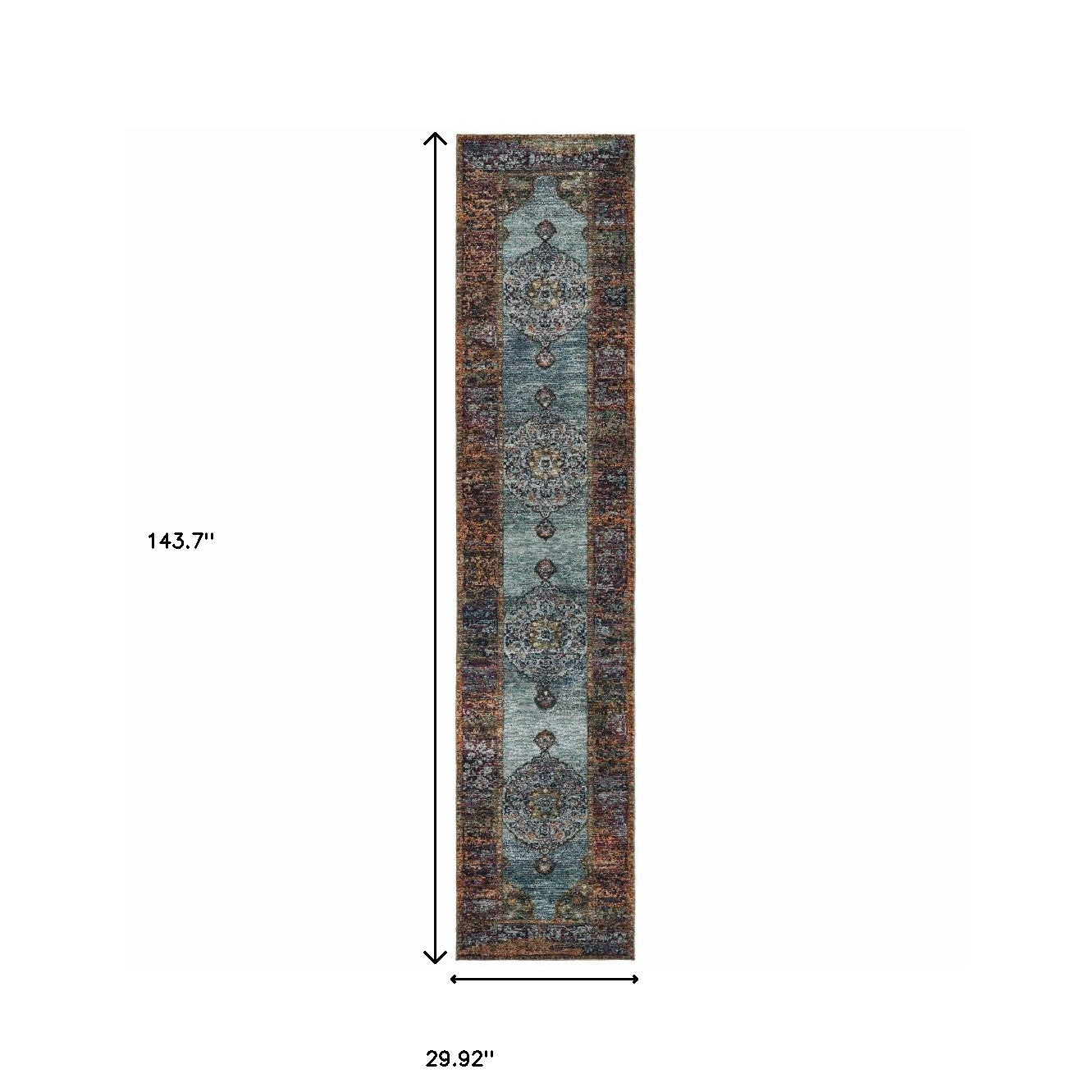 12' Runner Blue and Red Oriental Power Loom Runner Rug