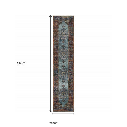 12' Runner Blue and Red Oriental Power Loom Runner Rug