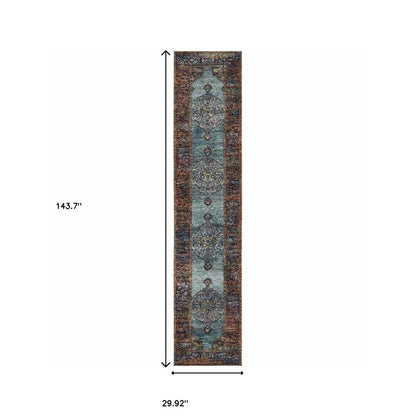 12' Blue And Red Oriental Runner Rug