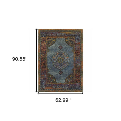 5' X 7' Blue and Beige Oriental Power Loom Area Rug