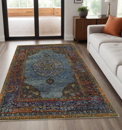 5' X 7' Blue and Beige Oriental Power Loom Area Rug