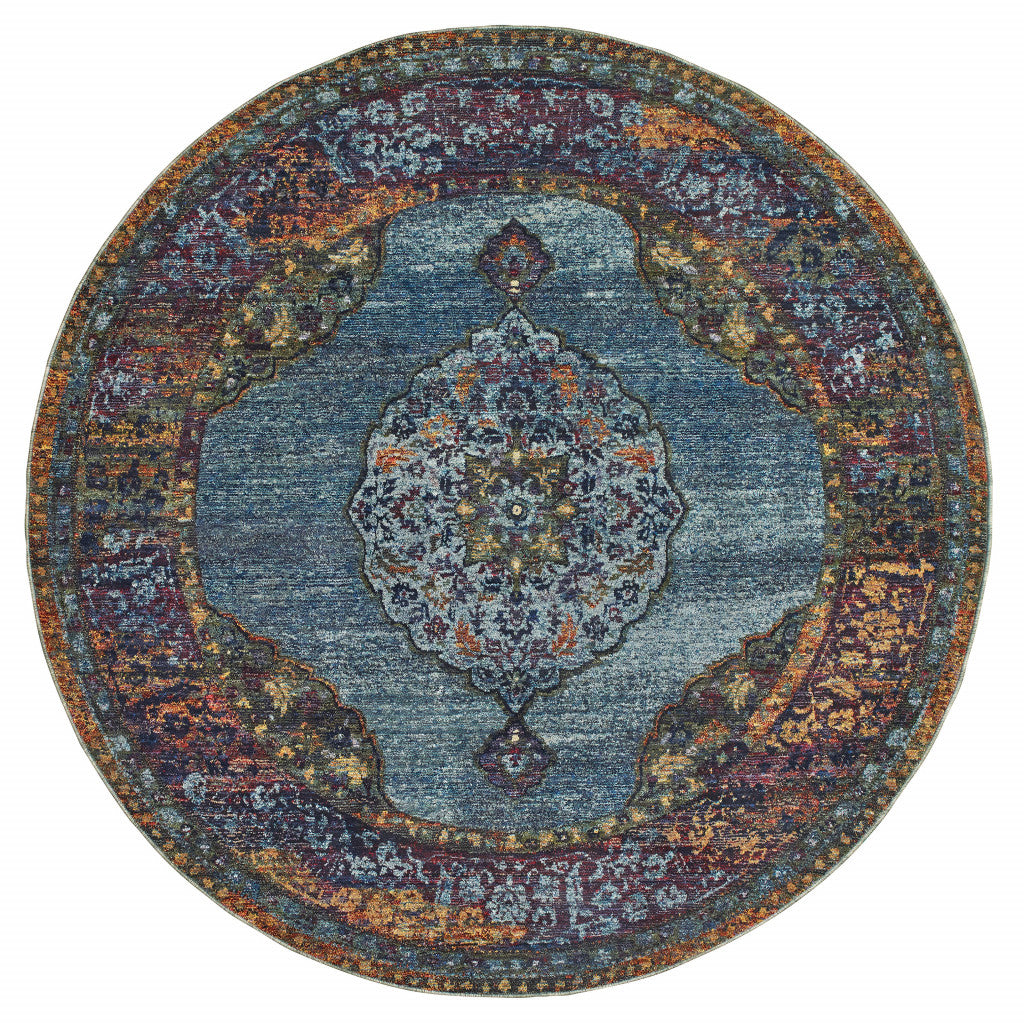 8' Blue and Beige Round Oriental Power Loom Area Rug