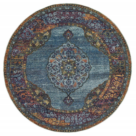 8' Blue and Beige Round Oriental Power Loom Area Rug