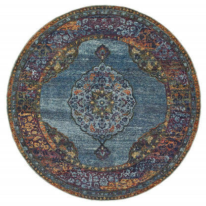 8' Blue and Beige Round Oriental Power Loom Area Rug