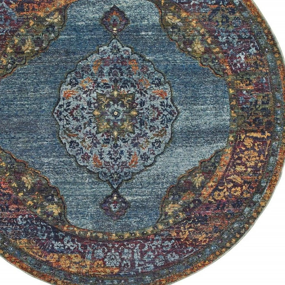 8' Blue and Beige Round Oriental Power Loom Area Rug