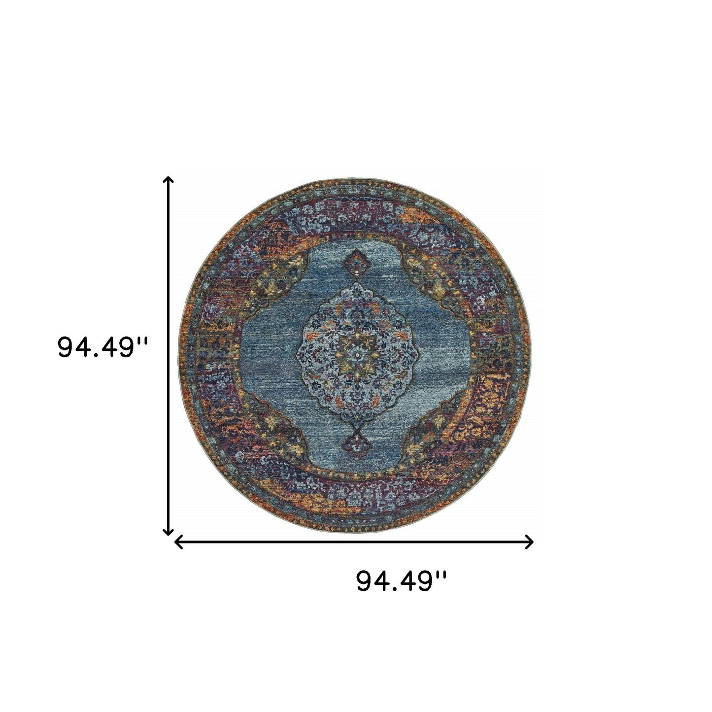 8' Blue and Beige Round Oriental Power Loom Area Rug