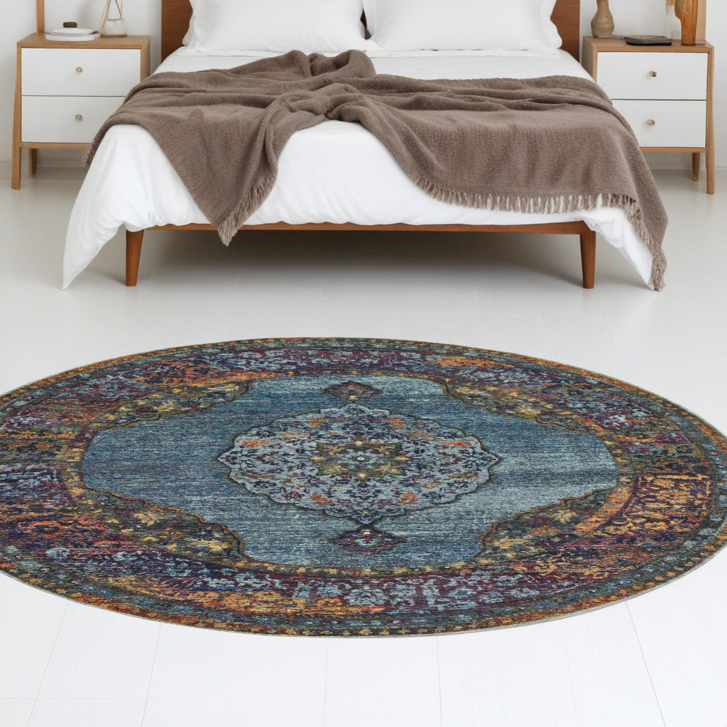 8' Blue and Beige Round Oriental Power Loom Area Rug