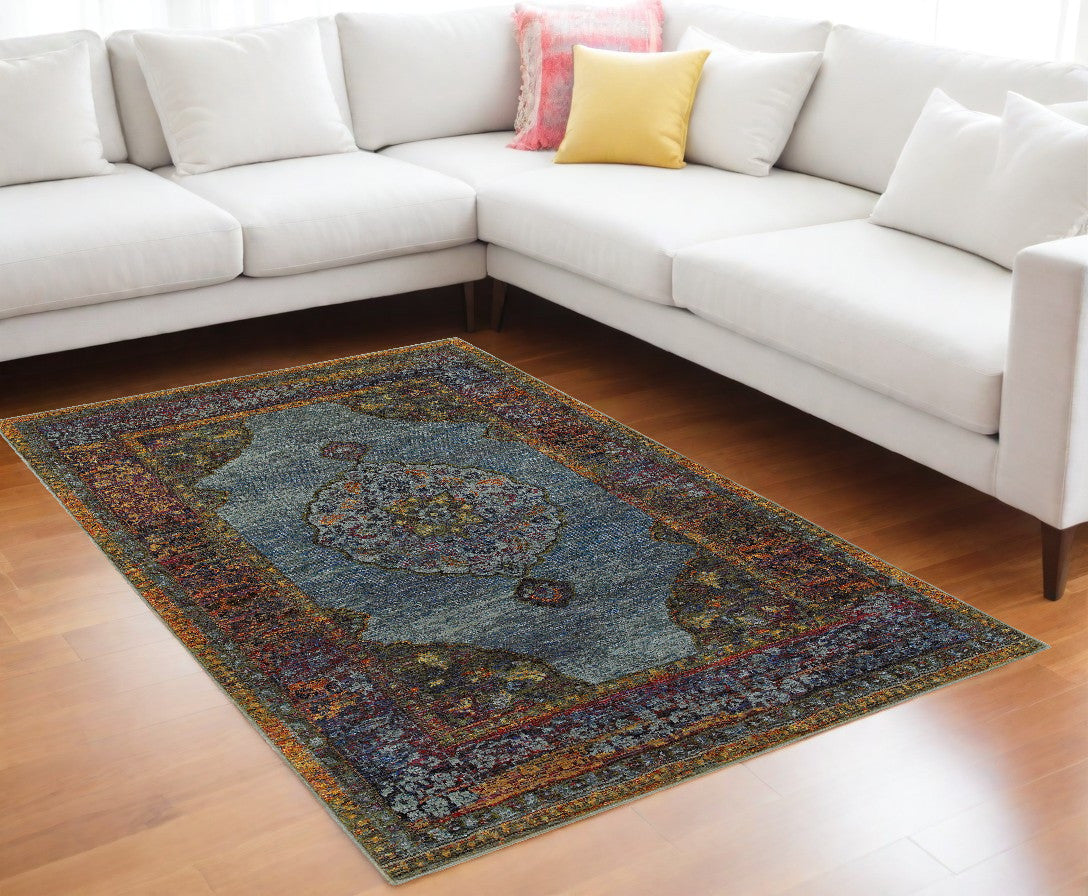 8' X 11' Blue and Beige Oriental Power Loom Area Rug