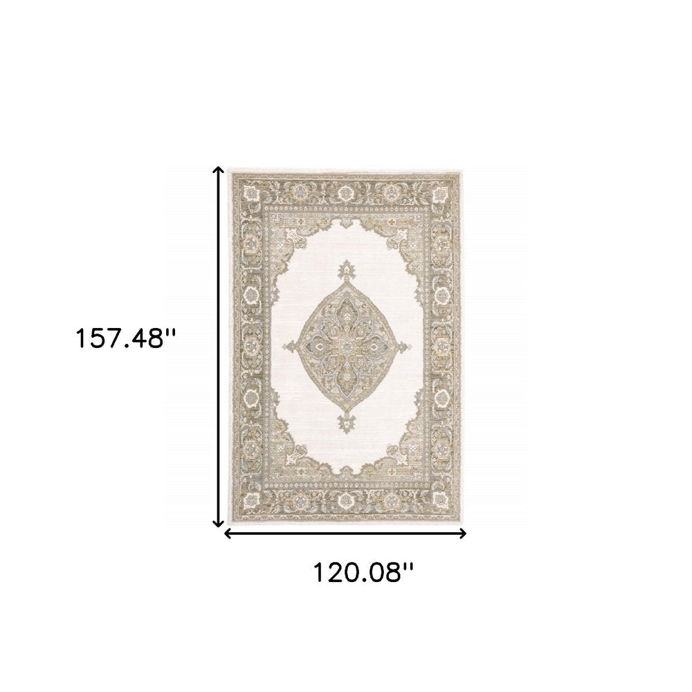 10' X 13' Beige and Ivory Oriental Power Loom Area Rug