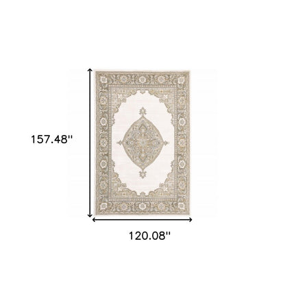 10' X 13' Beige and Ivory Oriental Power Loom Area Rug
