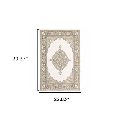 2' X 3' Beige and Ivory Oriental Power Loom Area Rug