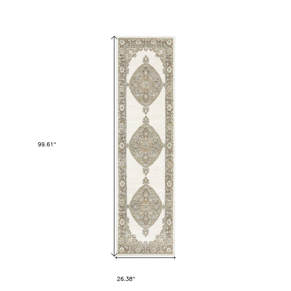8' Beige And Ivory Oriental Runner Rug