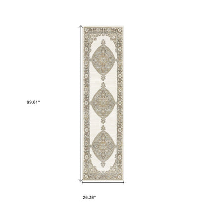 8' Beige And Ivory Oriental Runner Rug