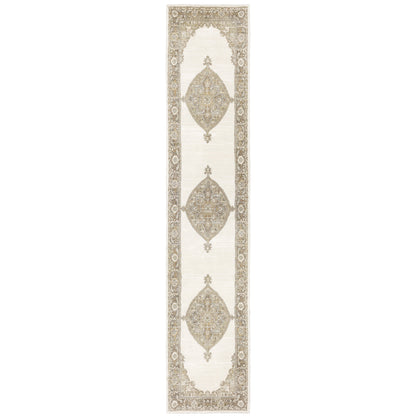 12' Runner Beige and Ivory Oriental Power Loom Runner Rug