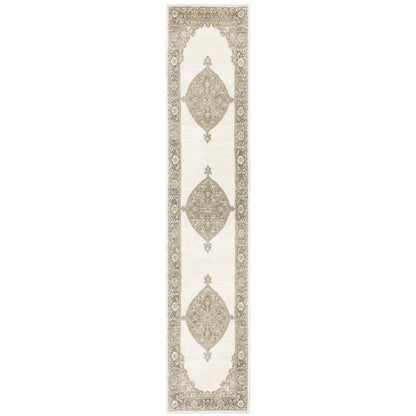 12' Beige And Ivory Oriental Runner Rug