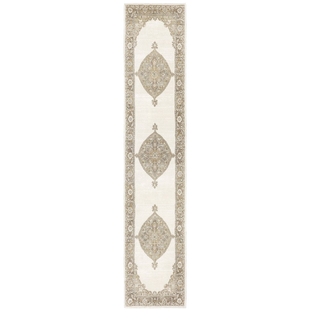 12' Beige And Ivory Oriental Runner Rug