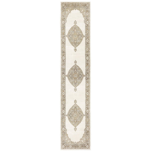 12' Beige And Ivory Oriental Runner Rug