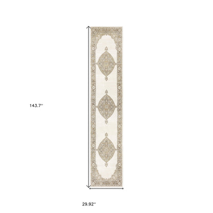 12' Runner Beige and Ivory Oriental Power Loom Runner Rug