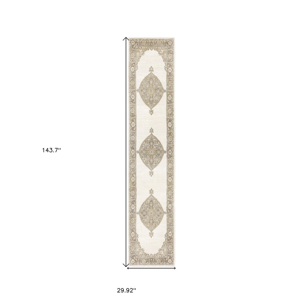 12' Beige And Ivory Oriental Runner Rug