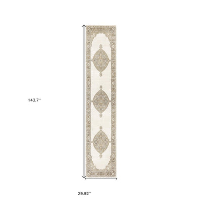 12' Beige And Ivory Oriental Runner Rug