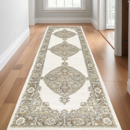 12' Runner Beige and Ivory Oriental Power Loom Runner Rug