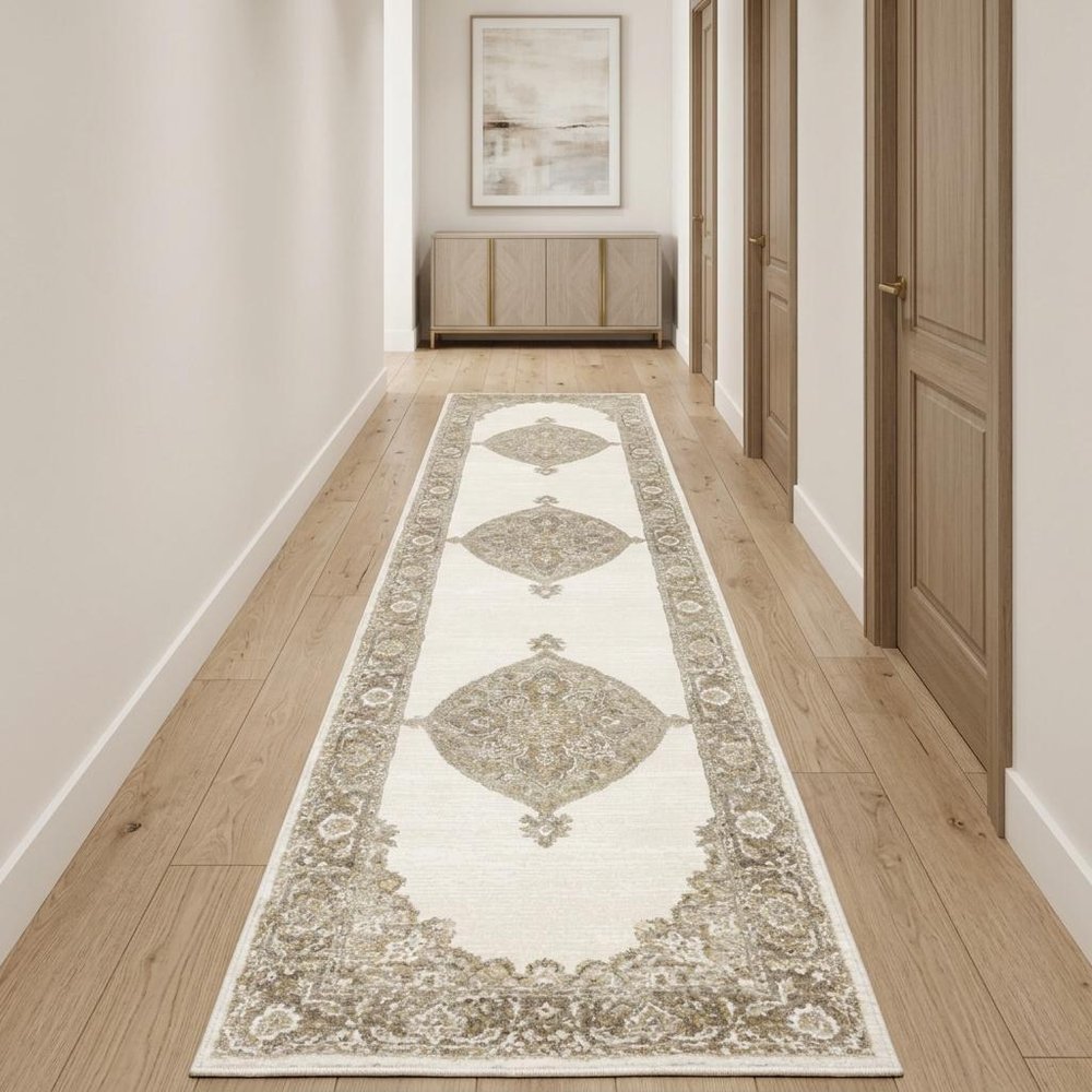 12' Beige And Ivory Oriental Runner Rug