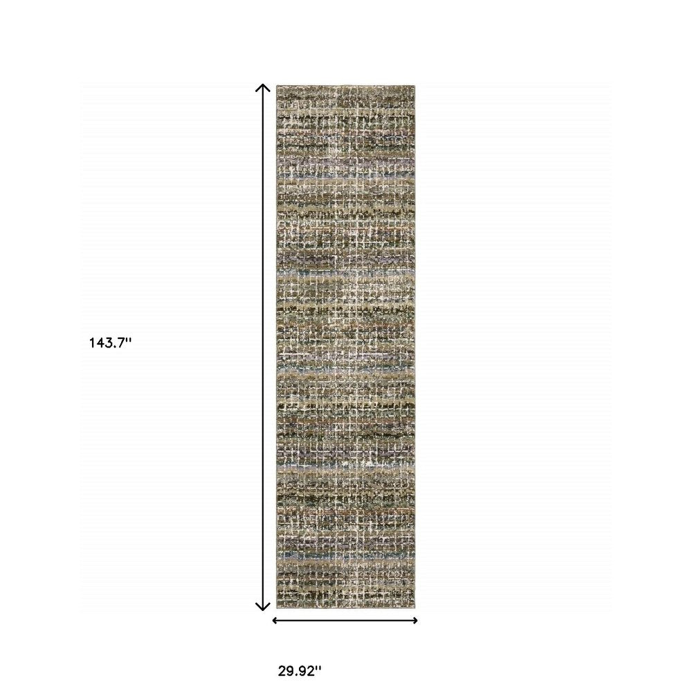 12' Green And Ivory Abstract Runner Rug