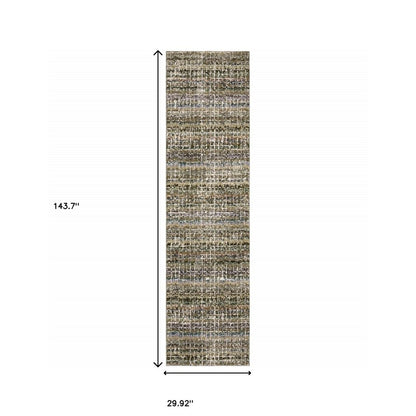 12' Green And Ivory Abstract Runner Rug