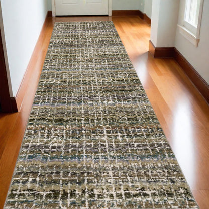 12' Green And Ivory Abstract Runner Rug
