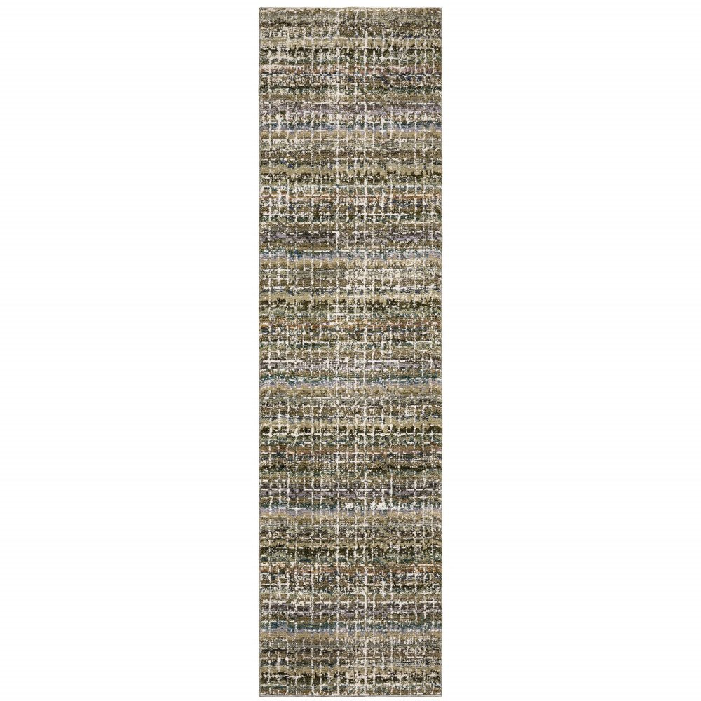 12' Green And Ivory Abstract Runner Rug