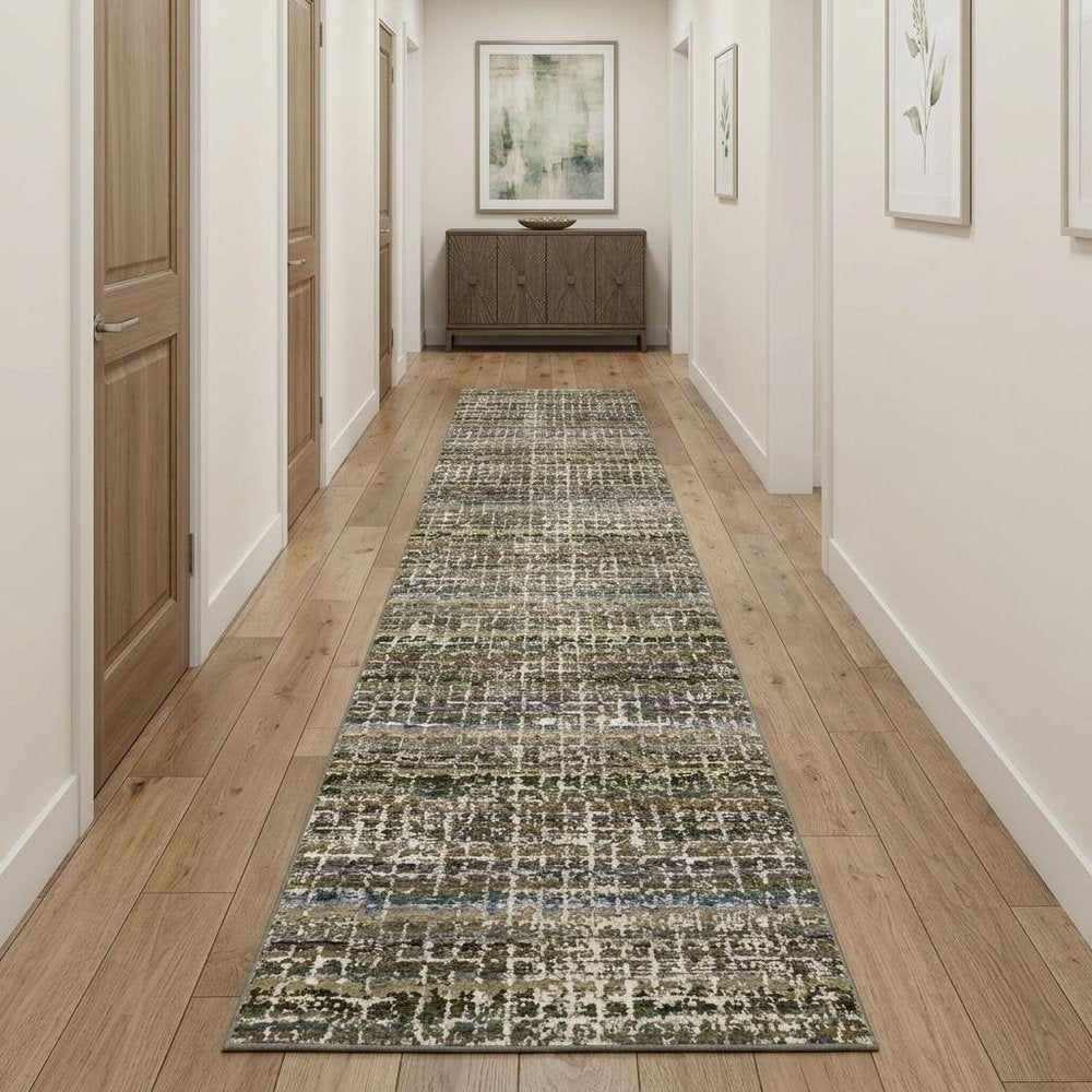 12' Green And Ivory Abstract Runner Rug
