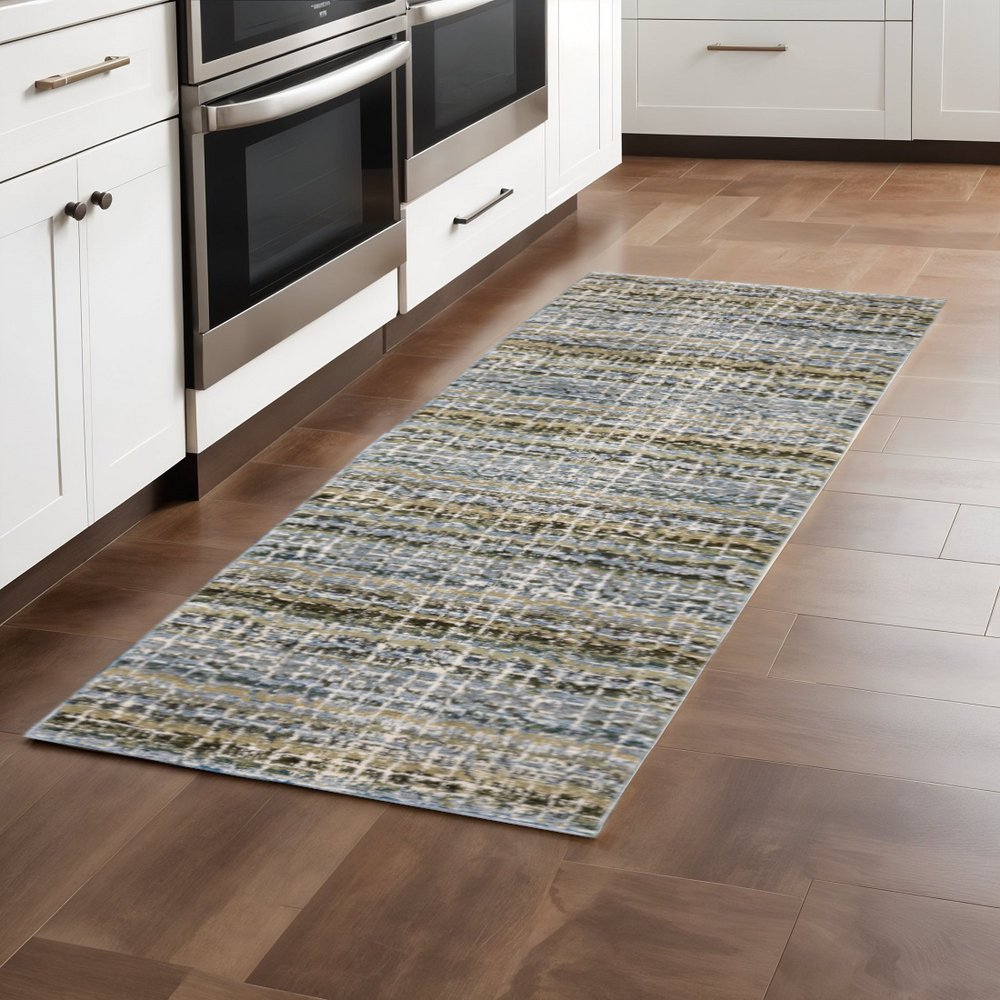 8' Blue And Ivory Abstract Runner Rug